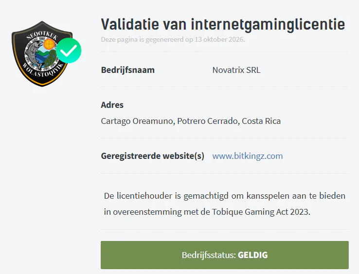 Bitkingz Casino validatie van de Tobique Gaming-licentie voor Novatrix SRL met een geldige bedrijfsstatus