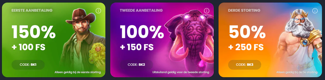 Bitkingz Casino welkomstbonussen van 150% + 100 gratis spins, 100% + 150 gratis spins en 50% + 250 gratis spins voor de eerste drie stortingen